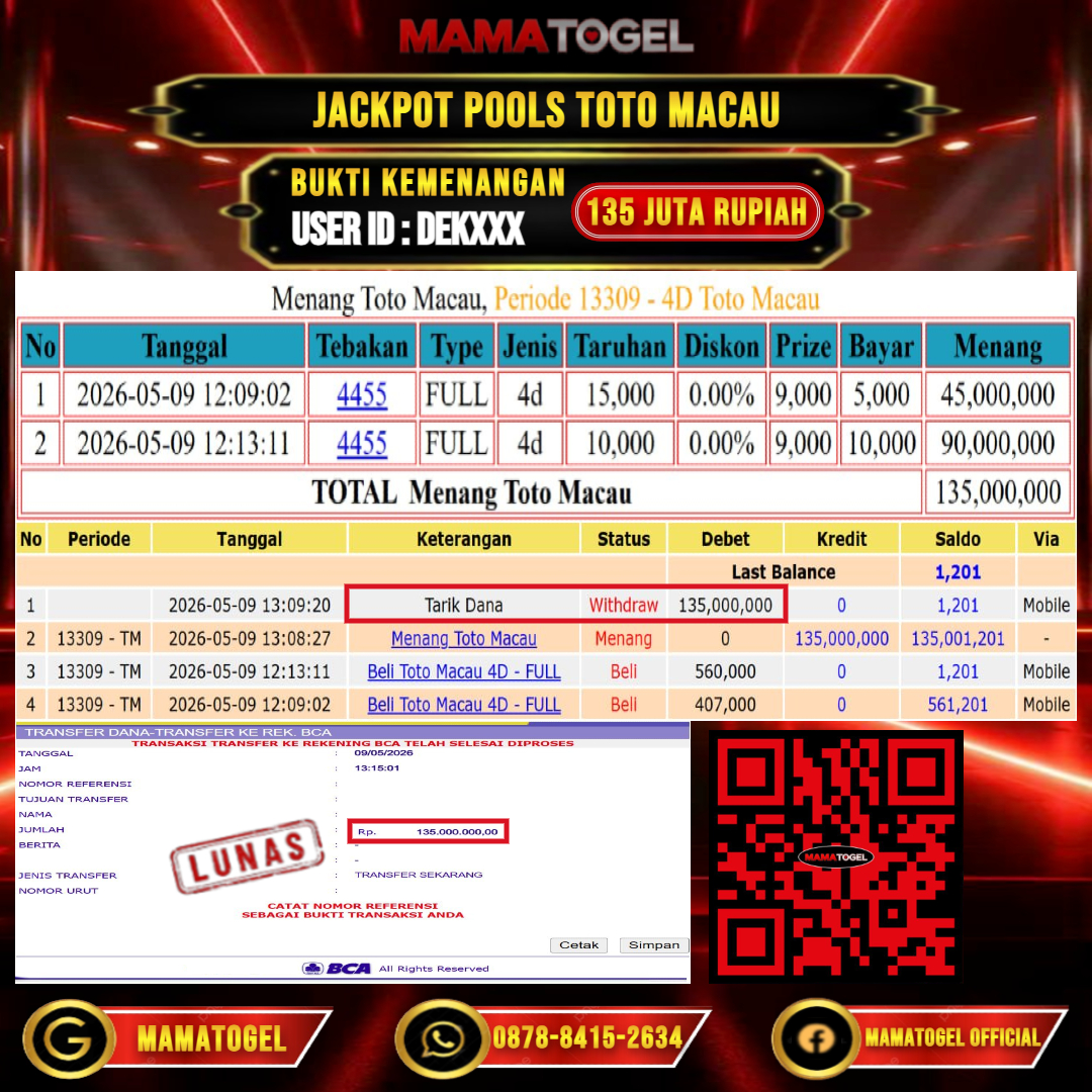 MAMATOGEL JACKPOT TOGEL TOTO MACAU Rp.135.000.000,- LUNAS USER ID : DEK***