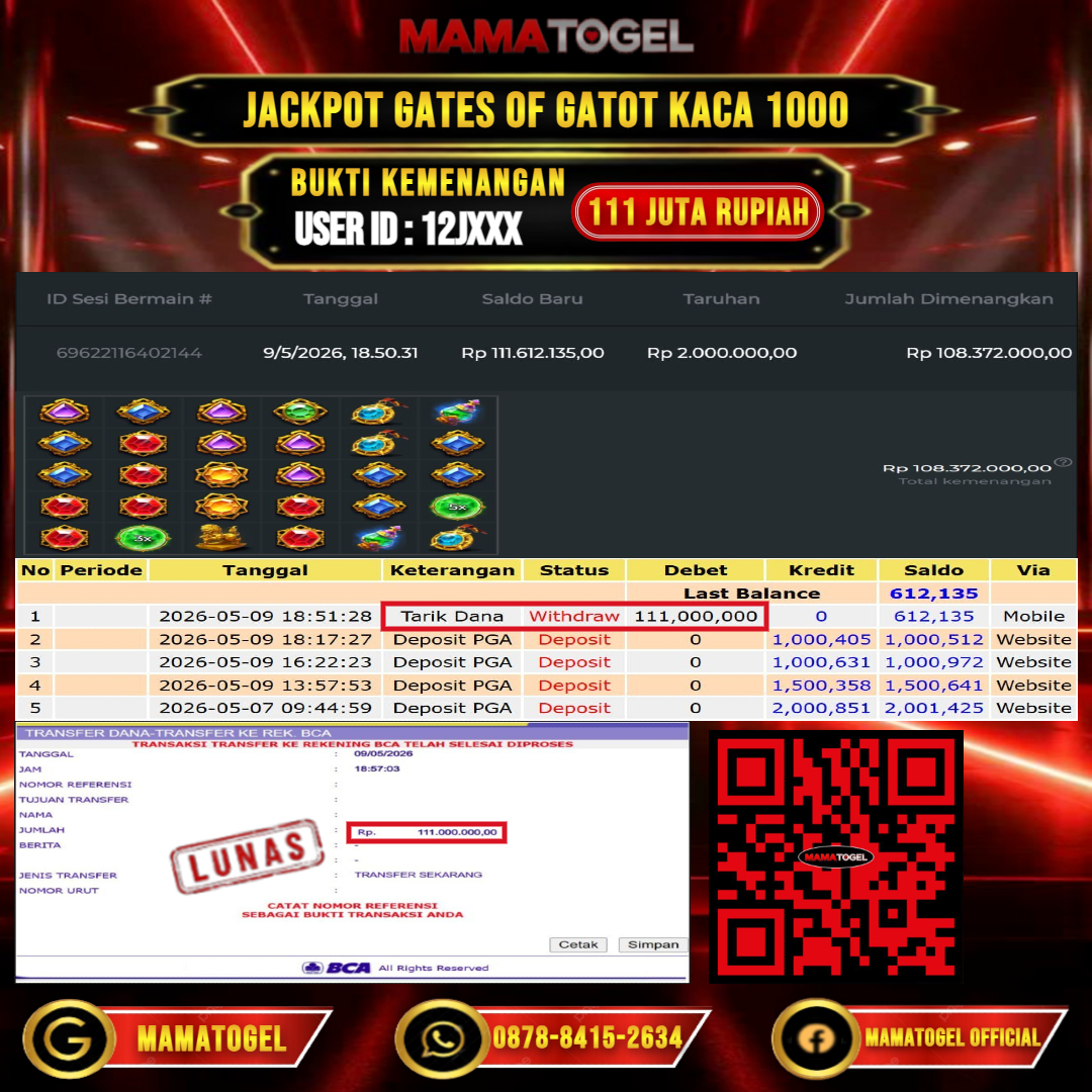 MAMATOGEL JACKPOT SLOT GATES OF GATOT KACA 1000 Rp.111.000.000,- LUNAS USER ID : 12J***