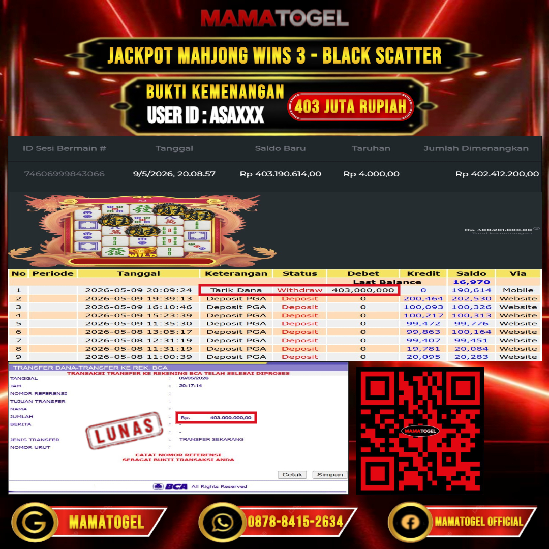 MAMATOGEL JACKPOT SLOT MAHJONG WINS 3 - BLACK SCATTER Rp.403.000.000,- LUNAS USER ID : ASA***